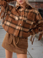 Load image into Gallery viewer, Check Fringe Wool Coat Long Cropped Khaki N5Z588
