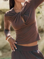 Load image into Gallery viewer, V Neck Knot Detail T-Shirt Women Brown N5A437