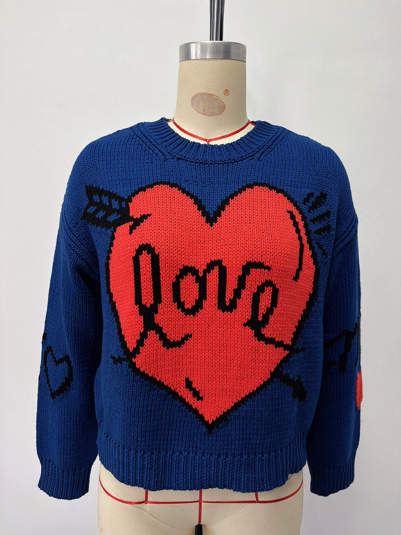 Heart Print Long Sleeve Round Neck Loose Knit Sweater N6H302