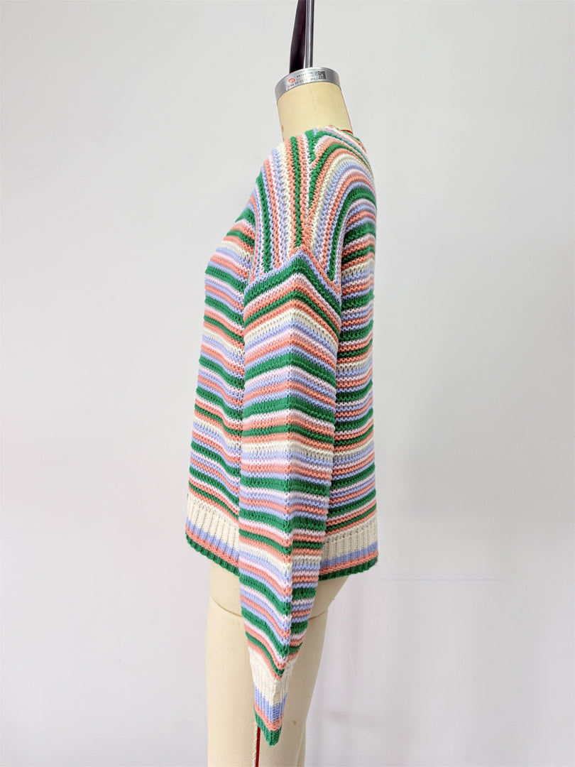 Striped Round Neck Oversized Knit Pullover Women N6G184