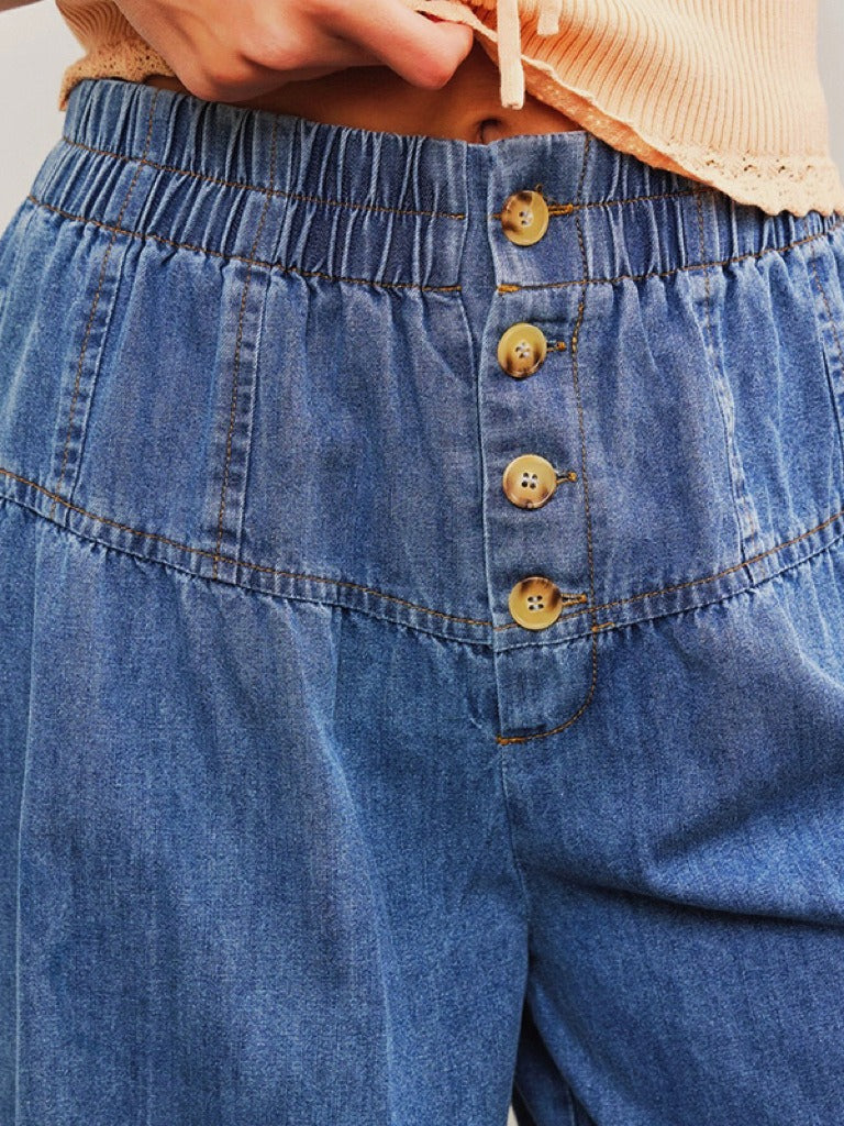 Vintage Draped Wide Leg Denim Pants Women N6B134