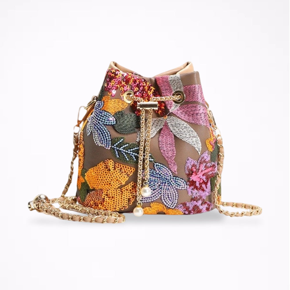 Floral Embroidered Sequin Mesh Bucket Bag Women N6E010