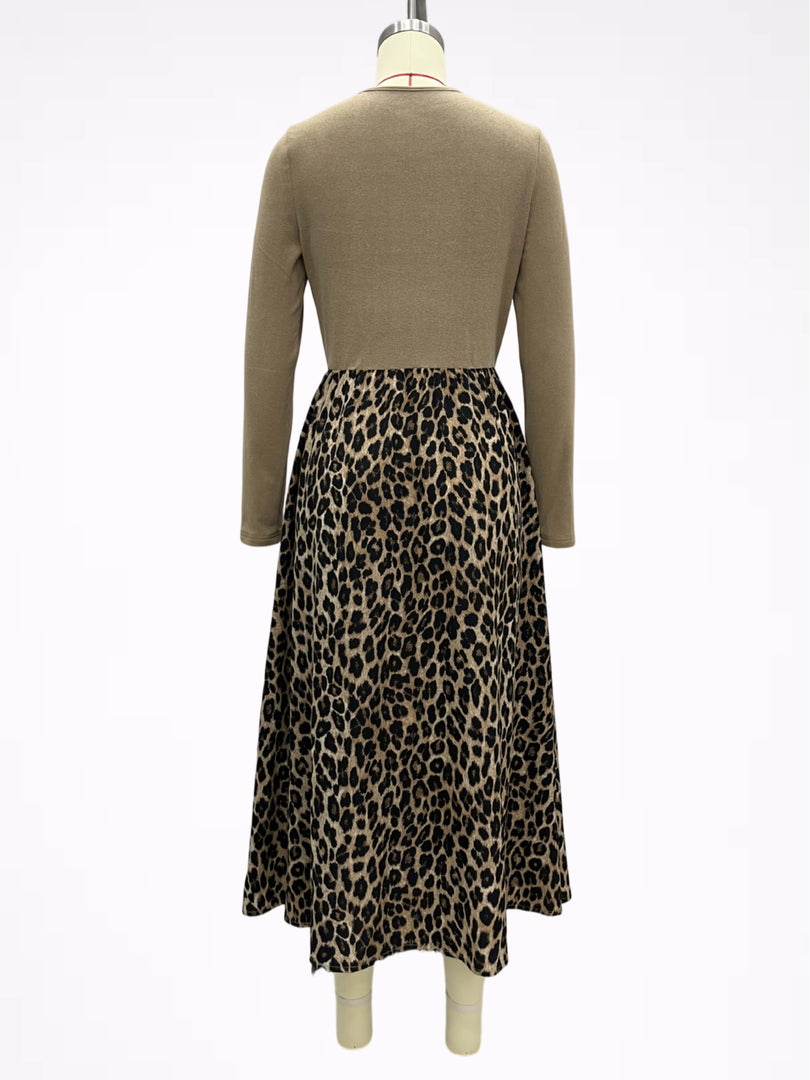 Cross V-Neck Draped Leopard Print Long Sleeve Dress N6G293