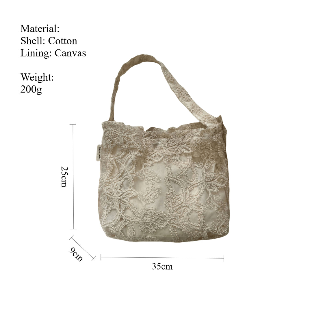 Lace Embroidered Cotton Shoulder Bag Canvas Lining S5P337