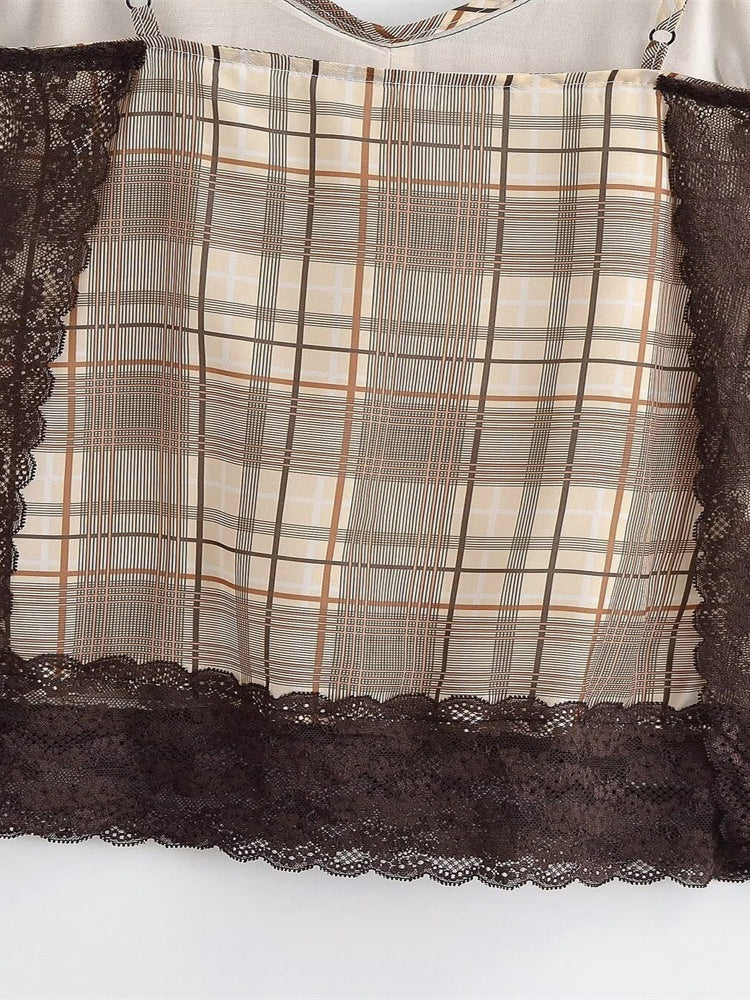 Lace Trim Striped Camisole Top Brown N6F206