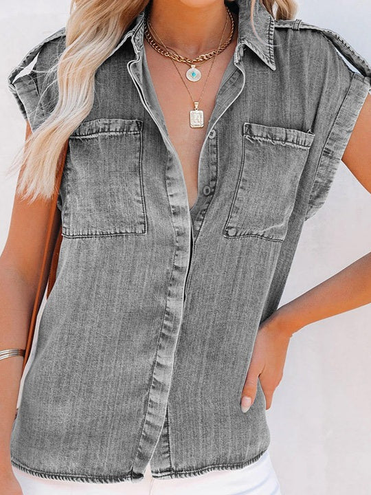 Retro Short Sleeve Denim Shirt Women N6D082