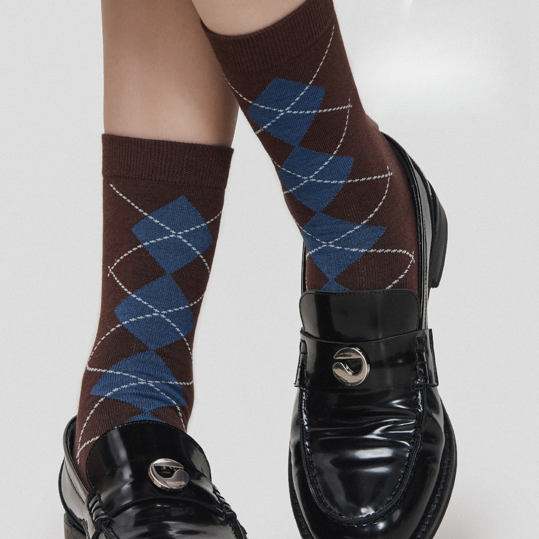 Color Block Seamless Diamond Retro Mid-Calf Socks White N6H019