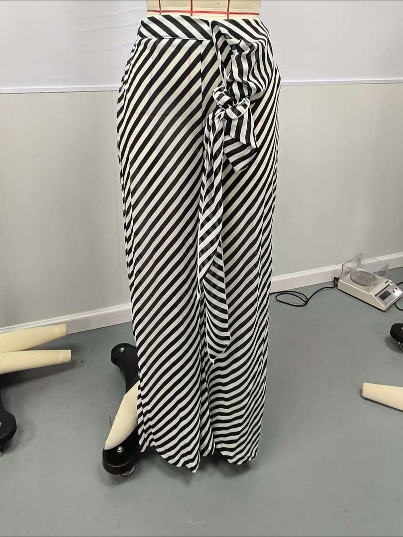 Black Striped Mesh Lace-Up Beach Pants N6D210