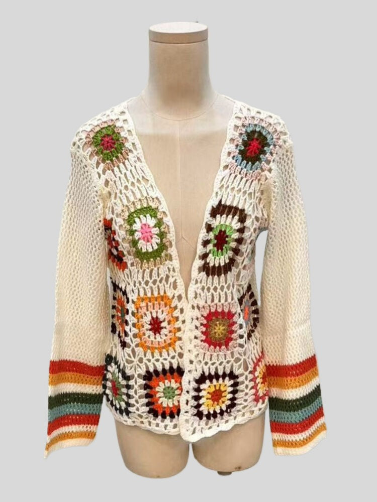 Hand Crochet Random Color Block Cardigan Sweater  N6E097