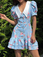 Load image into Gallery viewer, French V-neck Puff Sleeve Print Dress Women N6D072