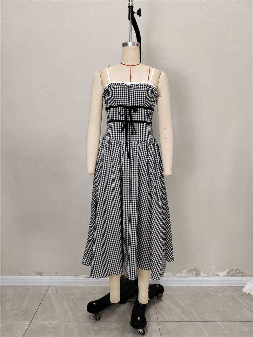 Plaid Strapless Ruched A-Line Maxi Dress Women N6F222