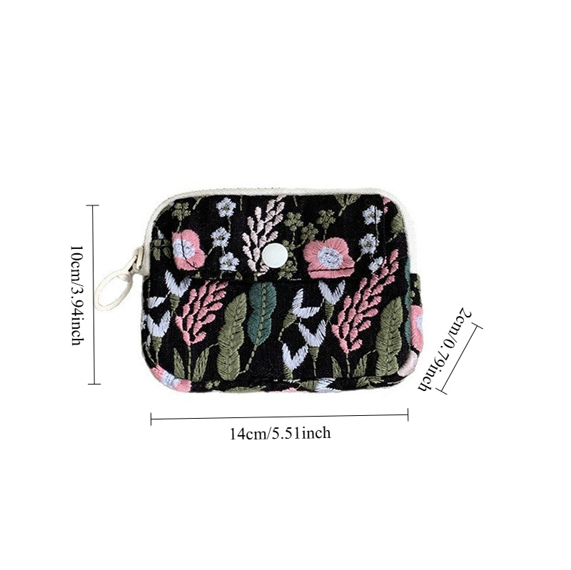 Floral Embroidered Cotton Linen Double Layer Coin Purse N6J270