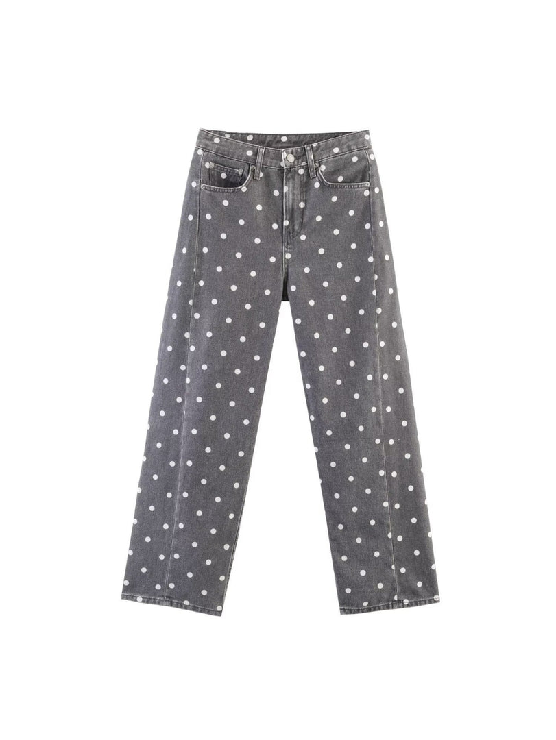 Gray Polka Dot Mid-Rise Loose Ankle Jeans N6F252
