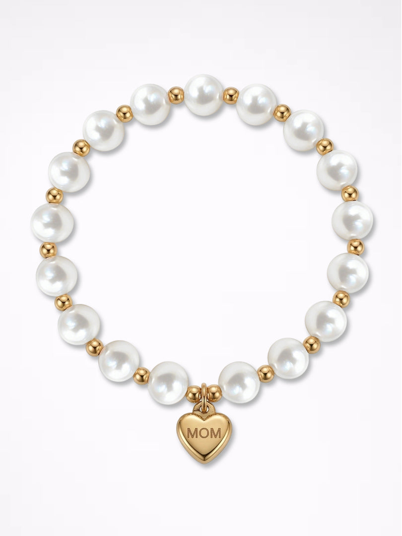Stainless Steel MUM Heart Pearl Bead Bracelet Women N6D529