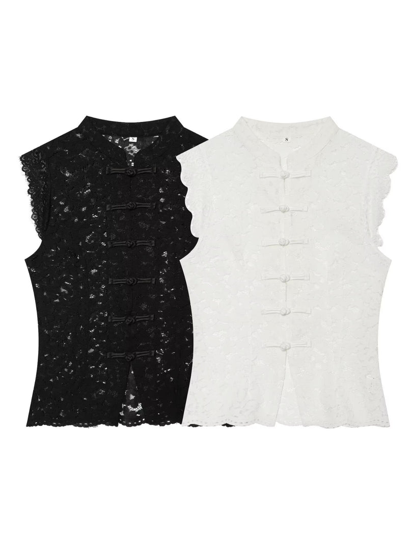 Lace Cutout Chinese Knot Round Neck Sleeveless Top N6F204