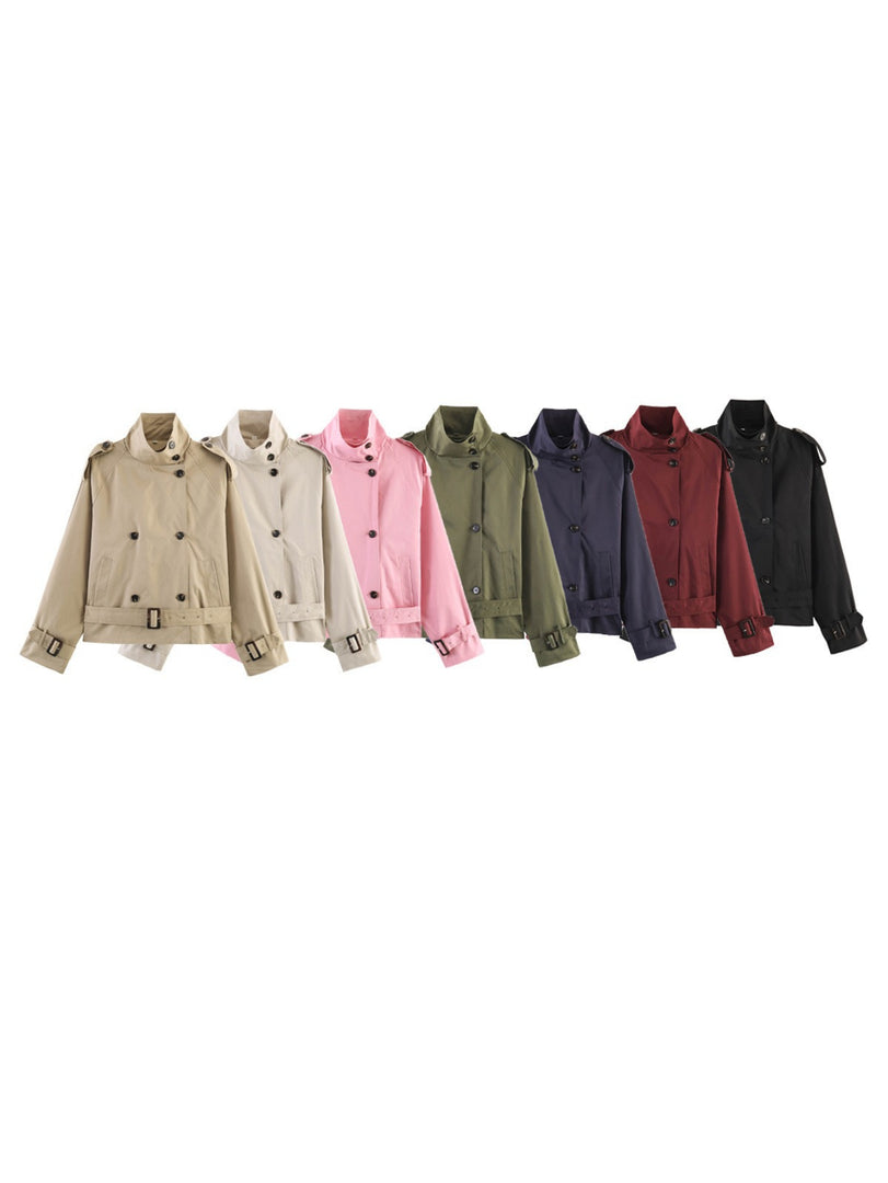 Loose Belted Double-Breasted Stand Collar Coat Women N6H125