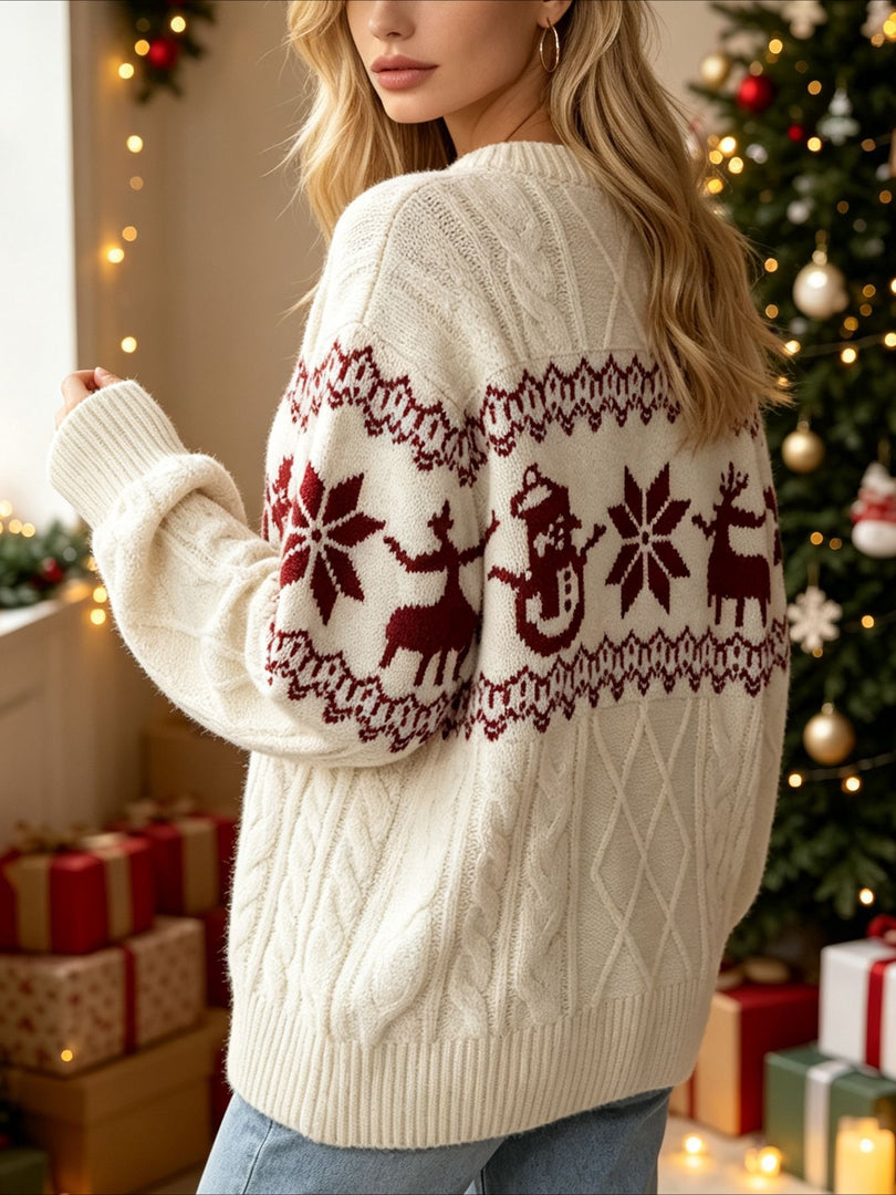 Jacquard Cable Knit Round Neck Loose Pullover Sweater N6H281
