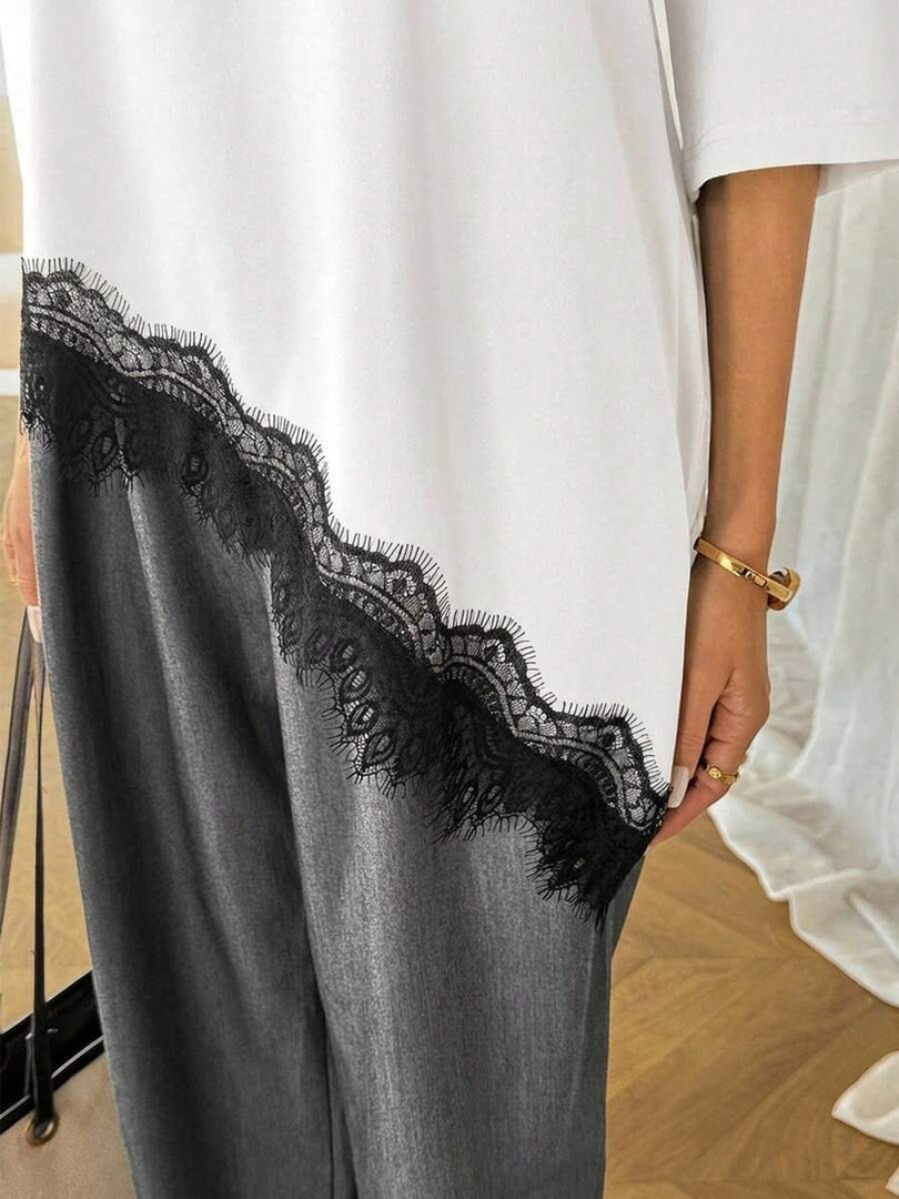 Leopard Print Lace Trim Loose Short Sleeve T-shirt N6D214