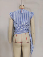 Load image into Gallery viewer, Blue Striped Round Neck Sleeveless Slim Crop Top N6F227