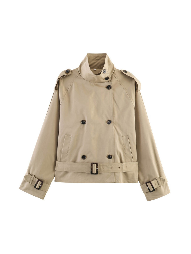 Loose Belted Double-Breasted Stand Collar Coat Women N6H125