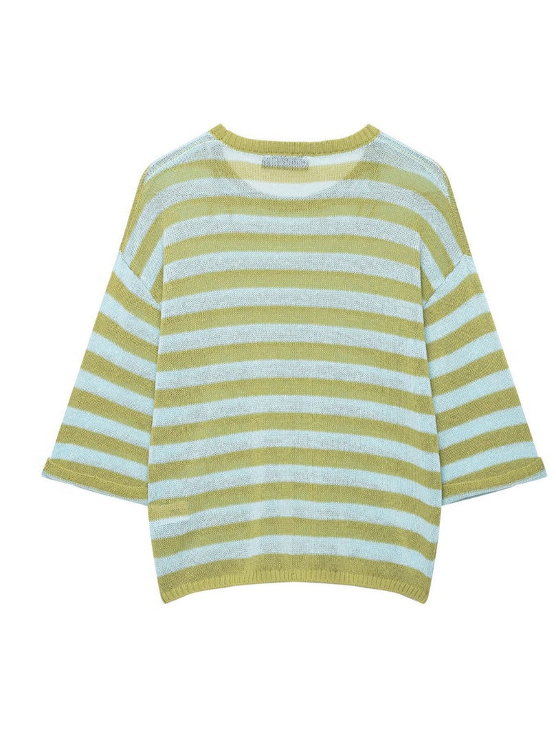 Casual Striped Knit Top Round Neck Cap Sleeve Women N6G149