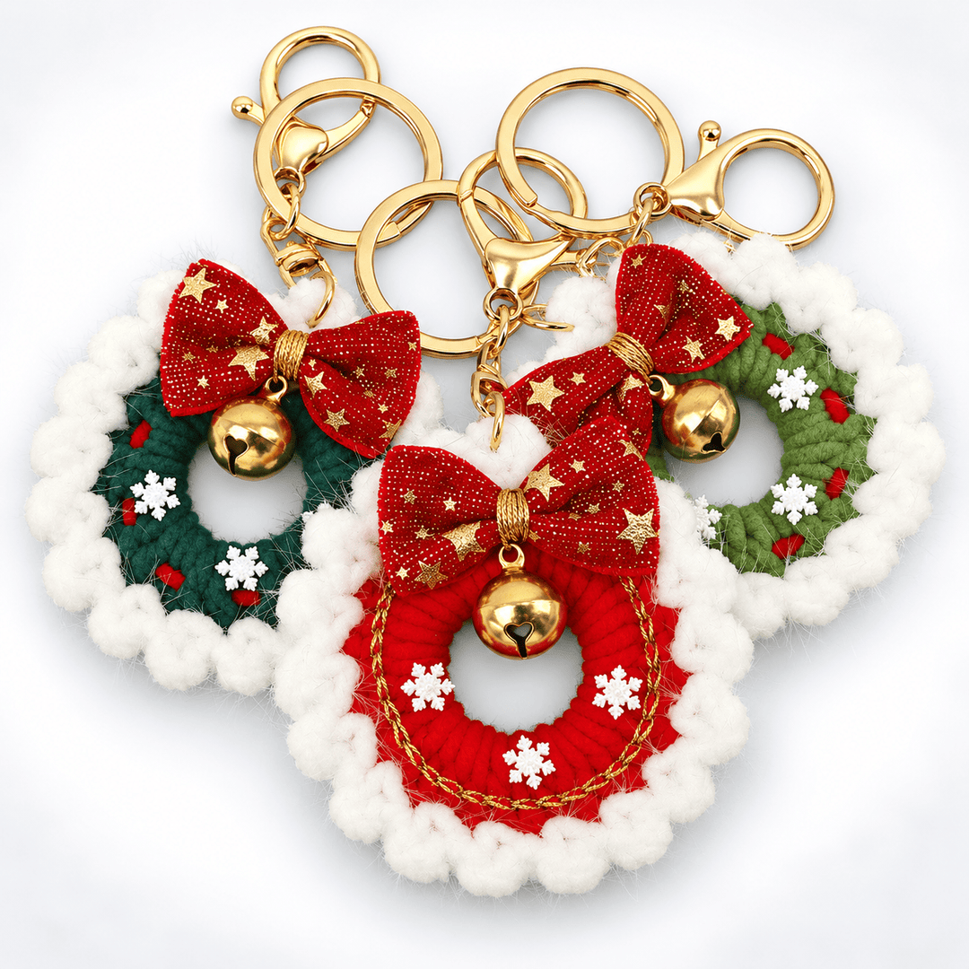 Hand Crocheted Velvet Christmas Wreath Bell Keychain N6K297