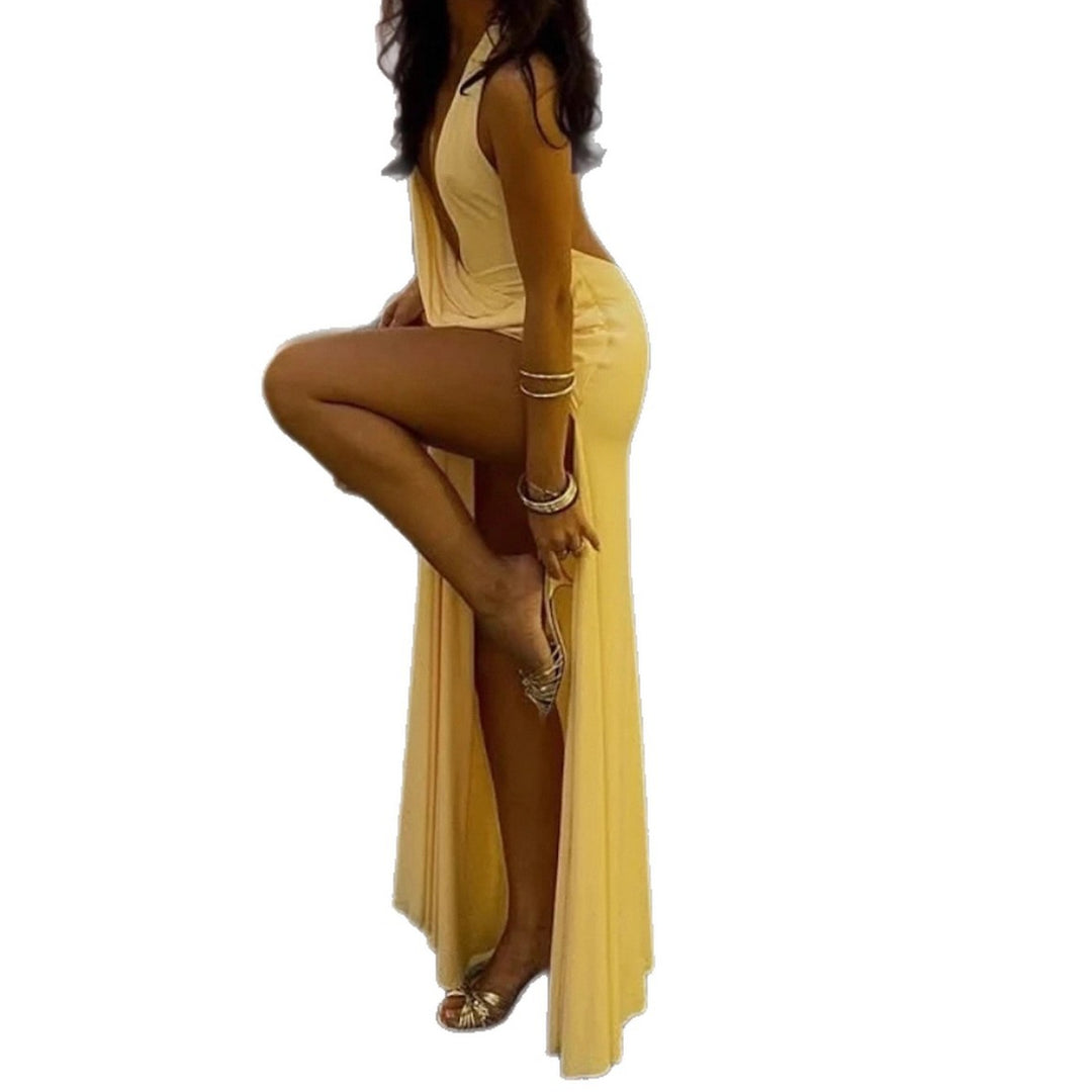 Deep V Tie Halter Dress Lightweight Buttercup N5Z833