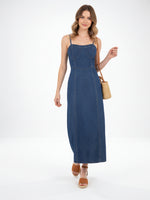 Load image into Gallery viewer, Strapless Denim Dress with Linen Blend Light Blue N6C186