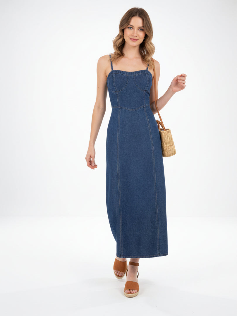 Strapless Denim Dress with Linen Blend Light Blue N6C186