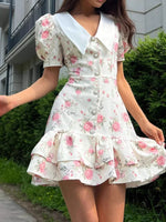 Load image into Gallery viewer, French V-neck Puff Sleeve Print Dress Women N6D072