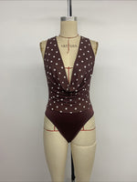 Load image into Gallery viewer, Retro Polka Dot Cowl Neck Deep V Bodysuit N6F008