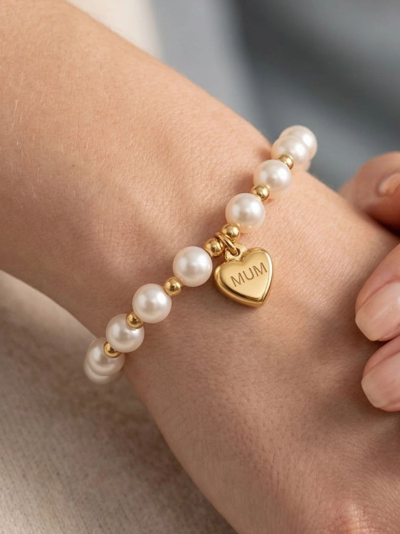 Stainless Steel MUM Heart Pearl Bead Bracelet Women N6D529