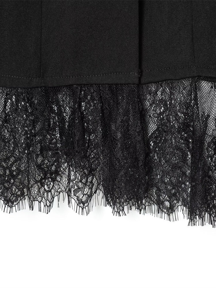 Lace Patchwork Waist Slim Blazer Women Black White N5A485