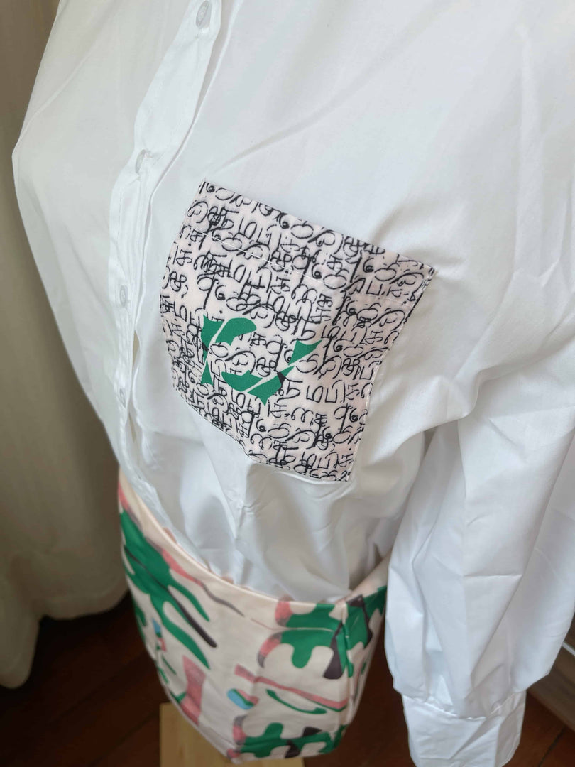 Graffiti Print Pocket Shirt Bodycon Skirt Two Piece Set N6F256