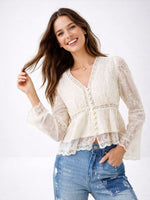 Load image into Gallery viewer, White V-Neck Lace Shirt Women N6C122