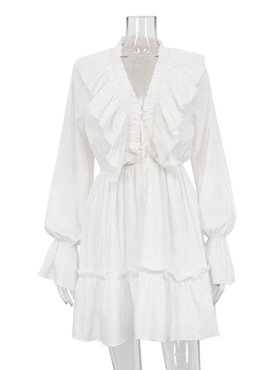 V-neck Ruffle Sleeve Flared Hem Dress Women N6C191