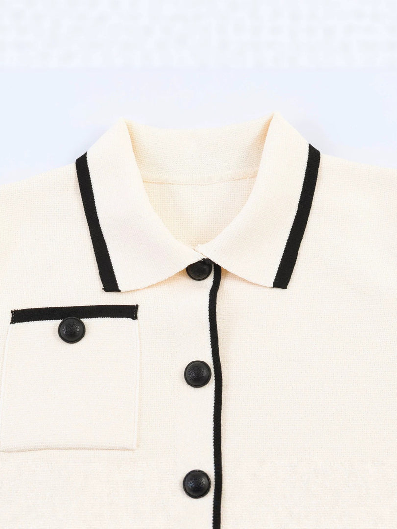 Color Block Trim Short Sleeve Knit Cardigan Women N6G158