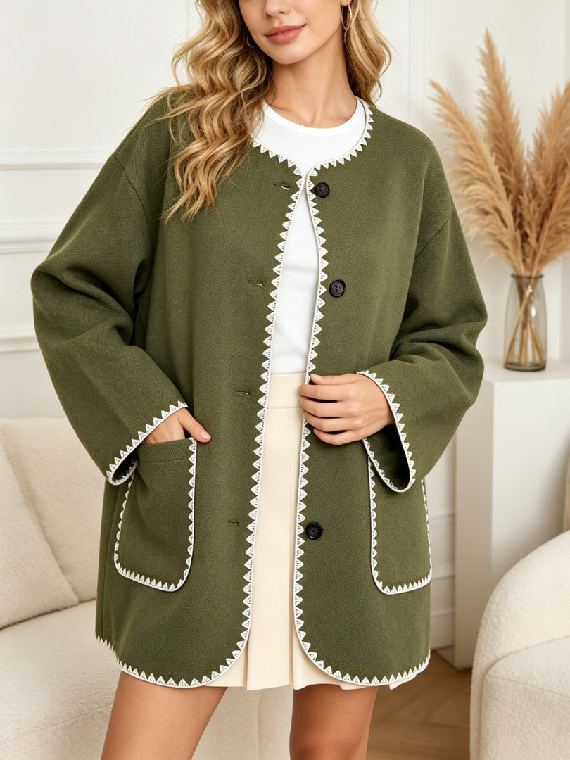 Short Contrast Trim Button Pocket Coat Women N6H042