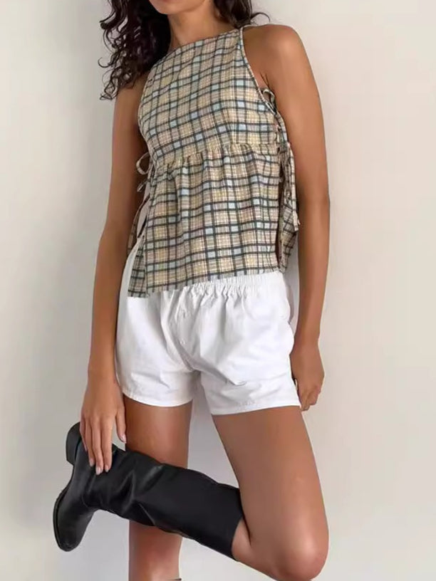 Tie-Waist Checkered Tube Top Women N6D070