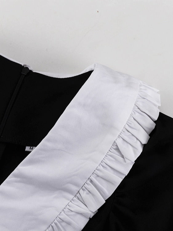 French Peter Pan Collar Black White Short Dress  N6C209