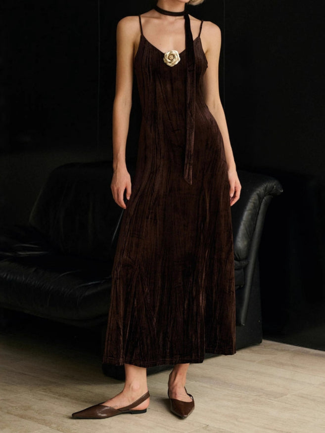 Velvet Pleated Slip Dress Women Tie Front Corsage N5A099