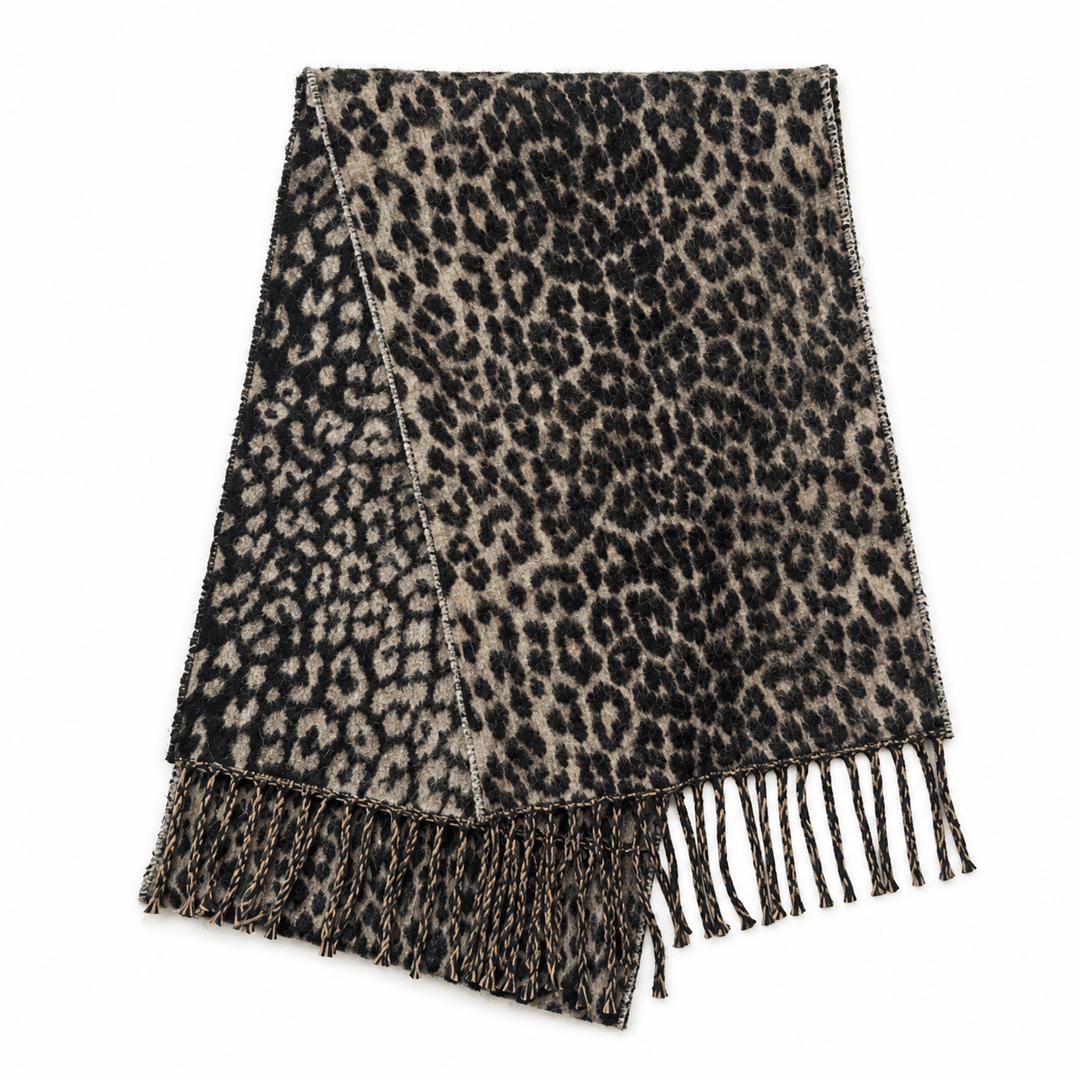 Womens 30 Percent Wool Leopard Print Fringe Scarf N6K241