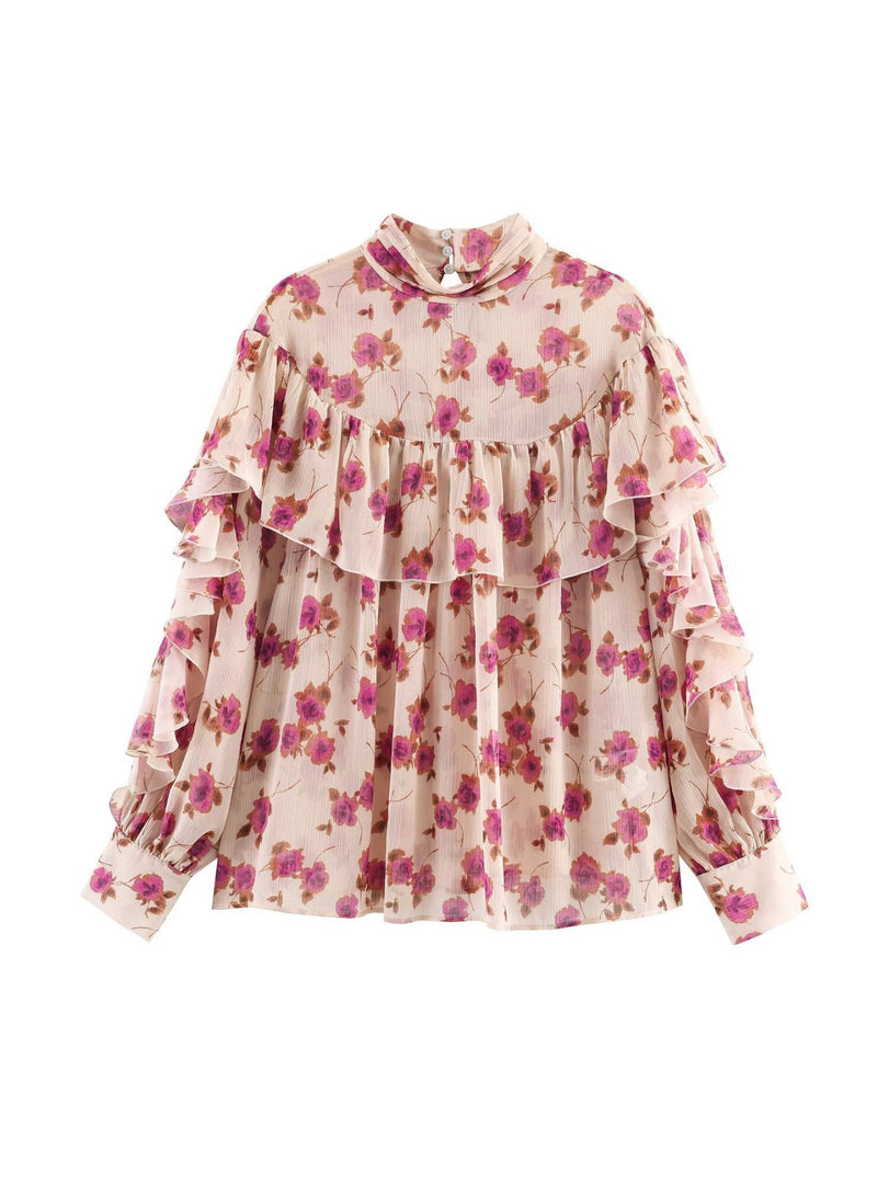 Retro Floral Layered Blouse Women N6C116