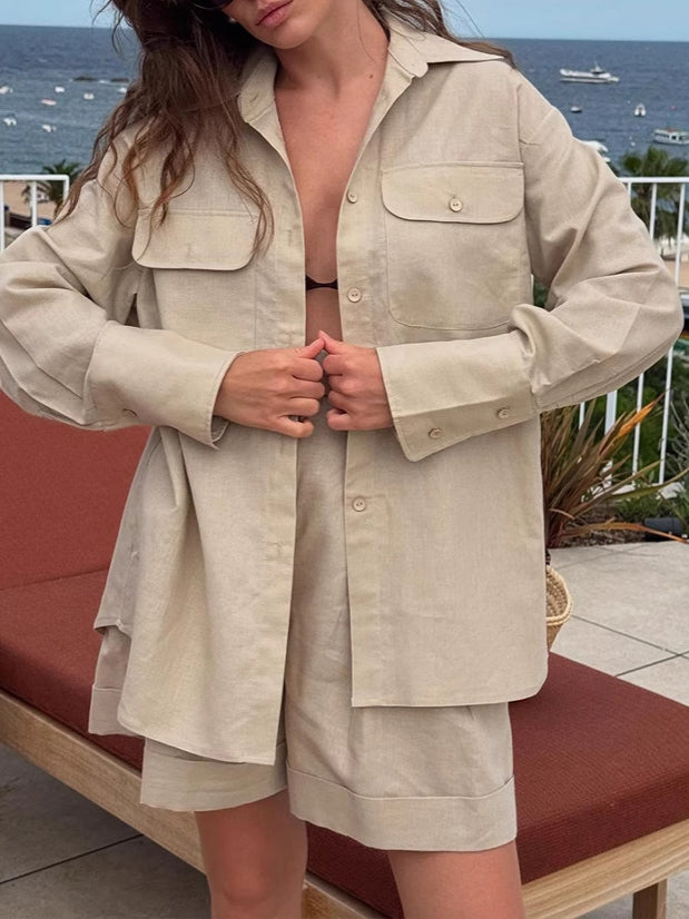 Cotton Shirt Short Set Lightweight Khaki N5Z840