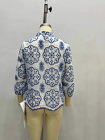Load image into Gallery viewer, Blue White Pattern Stand Collar Shirt Women N6C125