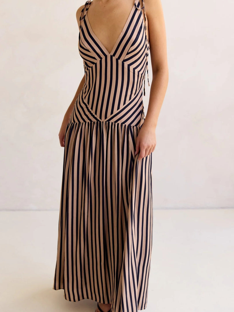 Summer Striped Tie-Waist V-Neck Maxi Dress N6F027