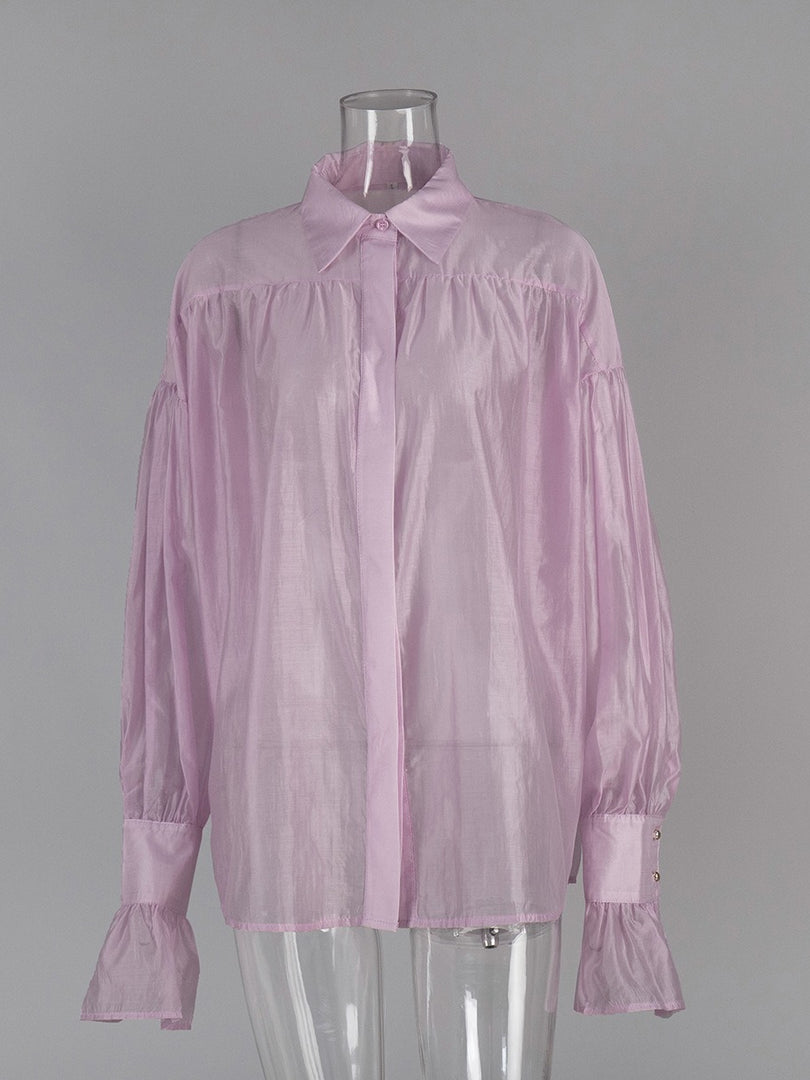 French Satin Flounce Sleeve Lightweight Blouse Women N6D037