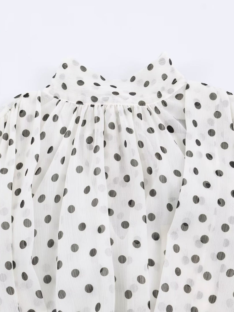 Chiffon Pleated Polka Dot Blouse Stand Collar N6F199