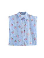 Load image into Gallery viewer, Blue Floral Notched Collar Sleeveless Blouse Shorts  N6F211