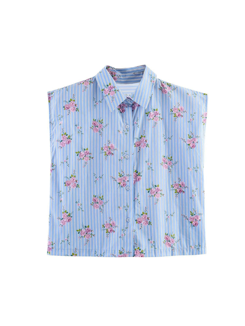 Blue Floral Notched Collar Sleeveless Blouse Shorts  N6F211